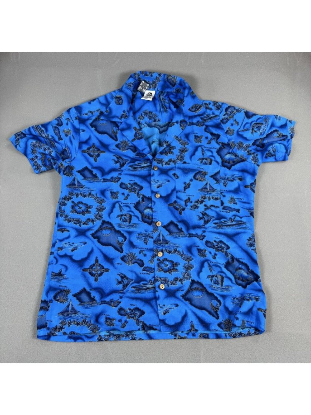 Kennington Ltd Shirt Mens Size M Blue Hawaiian Map Polyester Short Sleeve Casual